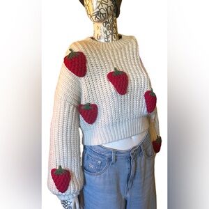 Cream Strawberry Appliqué Sweater